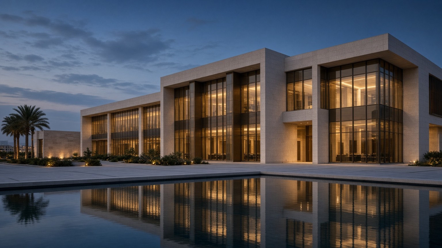 Contemporary institutional architecture reflected in water at dusk